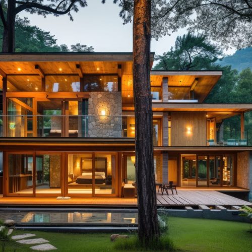 a beautiful wooden house, modern architecture design --ar 3:2 --v 6 Job ID: 1c411d1c-4716-42b5-b96b-09104efb57fb